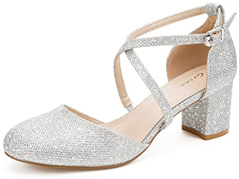 Greatonu Womens Court Shoes Mid Heel Chunky Dress Sandals Ladies Ankle Strap Wedding Party Pumps Sliver Glitter Size 4