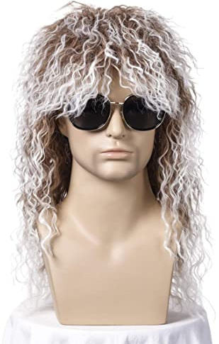 70er Jahre 80er Jahre Rocker Herren, ATAYOU Lange Braun Gemischt Silber Weiß Punk Heavy Metal Rocker Disco Perücke für Karneval Halloween Cosplay Kostüm