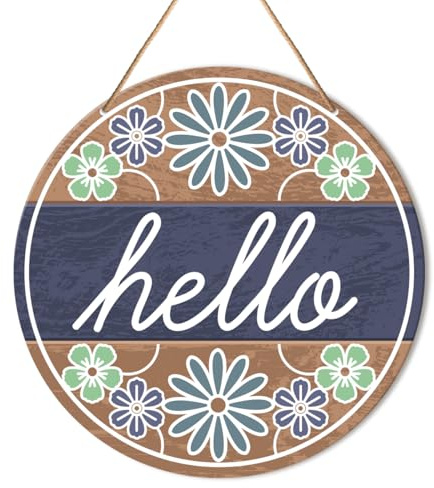 Floral Welcome Sign Front Door Decor, Spring Summer Hello Door Decorations Hanging Farmhouse Wall Sign Decor for Porch, Home, Housewarming Gift for New House Home Apartment, Round Hello Door Sign