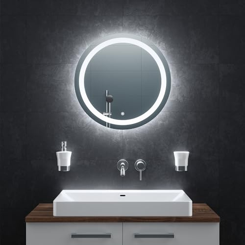 BR Bringer® LED Badspiegel Rund 60 cm Modell BRRS203 dimmbar Anti-Beschlag | Dimmbarer Badezimmerspiegel mit Beleuchtung - 3 Lichtfarben, Touch-Schalter, Anti-Beschlag und praktische Speicherfunktion