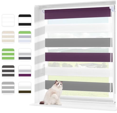 Wudomi Doppelrollo Klemmfix ohne Bohren Weiß-Grau-lila 90x150cm(BxH),Lichtdurchlässig und Verdunkelnd Duo Rollo,Klemmrollo Seitenzugrollo für Schlafzimmer, Badezimmer, Wohnzimmer Fenster und Tür