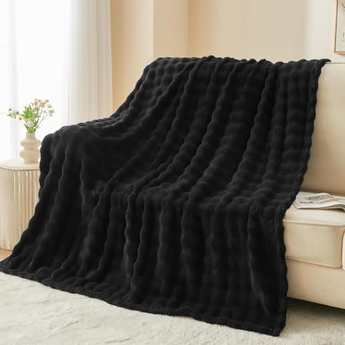 Wajade Fleece Throw Blanket Black Bubble Faux Fur Fluffy Bed Blanket Super Cosy Warm Large Blanket for Bed Sofa Car,127x153CM