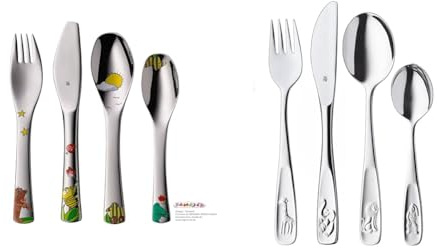 WMF Janosch Kinderbesteck Set 4-teilig, Kinderbesteck Edelstahl & Tiere Kinderbesteck Set 4-teilig, Kinder Besteck Edelstahl, Kinderbesteck ab 3 Jahre, Cromargan poliert, Universalverpackung