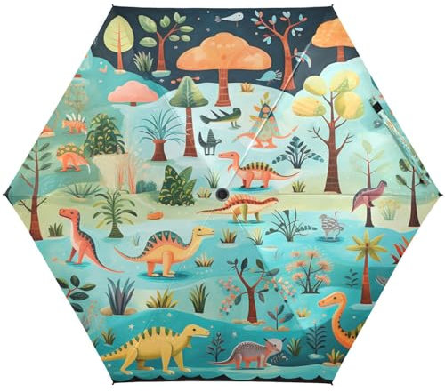 KAAVIYO Türkiser Dinosaurier-Cartoon-Baum Regenschirm UV-Schutz Taschenschirm Umbrella Klein Leicht Schirm Kompakt Schirme für Mädchen Reise Strand Frauen