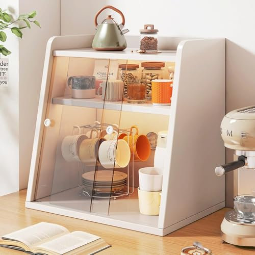 Panera Grande de Madera Blanca de Doble Capa para encimera de Cocina, Organizador de Caja de Pan con Estante para Tazas de té