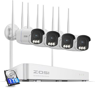 ZOSI Kit Cámaras de Vigilancia WiFi 4pcs 5MP Cámara Seguridad Exterior/Interior con 4K 8CH CCTV Grabador NVR y 1TB Disco Duro, Visión Nocturna Color, Detección de Persona y Vehículo, Grabación 24/7