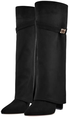 LIUHD Bottes Repliables,Bottes à Rabat pour Femmes, Bottes Hautes à Talons Hauts Épais avec Fermeture Éclair, Bottes Hautes Droites à Bout Pointu, Bottes Amples,B,42
