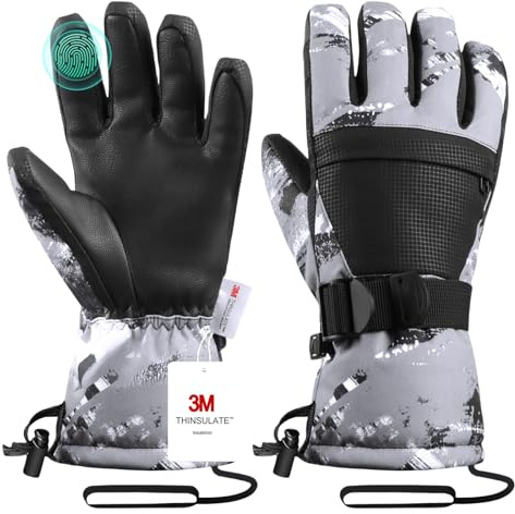 Pnosnesy Ski Gloves, Snow Gloves, Cold Weather Skiing & Snowboarding Waterproof Touchscreen Gloves, Unisex Fits Both Men & Women Child Kids With Wrist Strap
