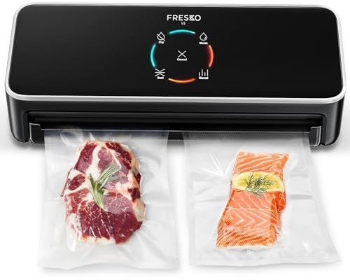 FRESKO Envasadora al Vacio Automática, 140 W, Doble Sellado Térmico, Cortador y Soporte Para Bolsas Integrados, Modo Húmedo Y Seco, Operación con una Sola Mano, Con 2 Bolsas Enrollables (Automax V6)