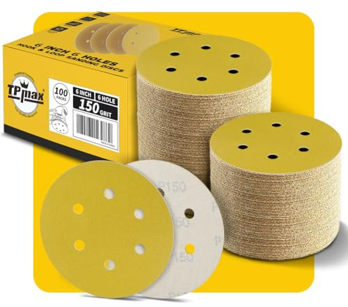 100 Stück 150mm 6 Loch Schleifscheiben 150 Körnung - Premium Gold Rund Klett Schleifpapier für Exzenterschleifer - Ideal für Holz, Metall, Automobil