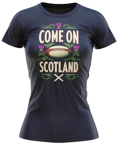 Come On Scotland Womens T-Shirt Vintage Scottish Thistle Rugby Supporter Mum Grandma Gift Tee, L, Navy