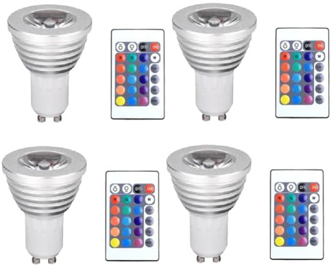Malloy 4 Bombillas GU10 y 1 Mando A Distancia con Función de Memoria, 4 Modos de Iluminación Dinámicos, de 17 Colores Intercambiables