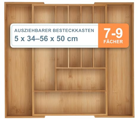 Relaxdays Besteckkasten, 7–9 Fächer, ausziehbarer Besteck Schubladeneinsatz, HxBxT: 6 x 34-56 x 50 cm, Bambus, Natur