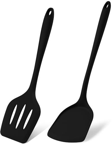 Herogo Silicone Spatula, 2 Pieces Non-Stick Spatula Turner Set for Cooking, Heat Resistant Silicone Slotted Turner Utensils for Cookware Pan, Easy Clean, Dishwasher Safe, Black