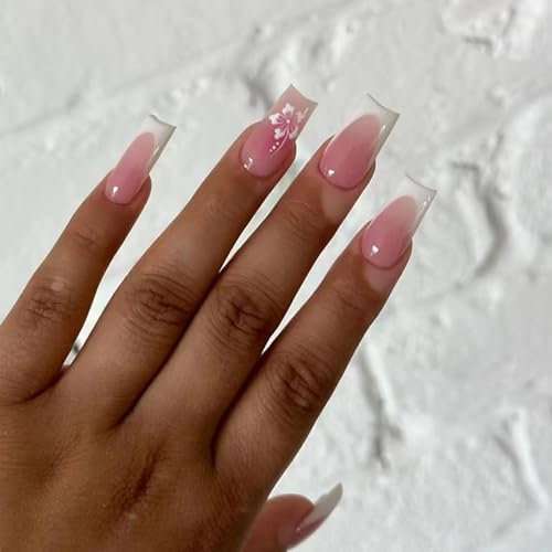 Ongles Pressés Art Décoratif Fleuri Français – 24 Pièces avec Strass et Arc-en-Ciel, Manucure Élégante Sans Vernis, Faciles à Poser (Tailles Universelles)