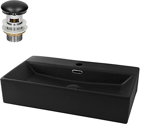 LuxeBath Waschbecken Keramik 605x365x130 mm eckig Schwarz mit Ablaufgarnitur Schwarz Aufsatzwaschbecken Badezimmer/Gäste-WC Hängewaschbecken Wandmontage Aufsatzbecken Waschtisch Waschschale Waschplatz