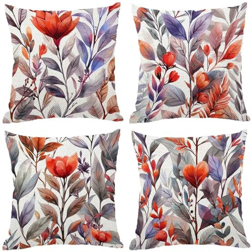 Fodere Cuscini da Esterno Impermeabili, Fiore Federe Cuscini Divano 70x70 Quadrate Set di 4, Doppia Faccia Stampa Lino Cushion Covers Rosso Cerniera Invisibile per Aesthetic Room Decor, Regalo Z-518