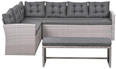 Garten Ecksofa mit Bank Polyrattan hellgrau Auflagen grau 8-Sitzer Viterbro