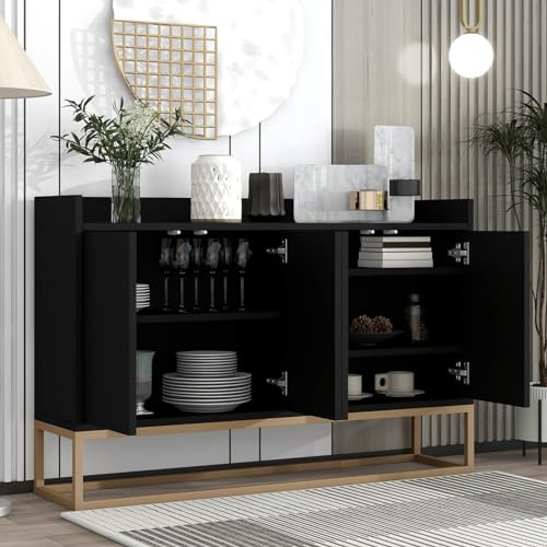 Lietre Sideboard Wohnzimmer Breit Küchenschrank mit 4 türen, Buffetschrank Aufbewahrungsschrank Konsolentisch mit Arbeitsplatte, Holz (Schwarz, 120x30x80cm)