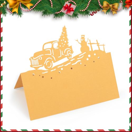 50 cartes de Noël pour indiquer le nom et la place à table, cartes de Noël pour inscription des noms, tente à neige dorée, plaque de nom pour Noël, support de siège pour mariage et fête de Noël
