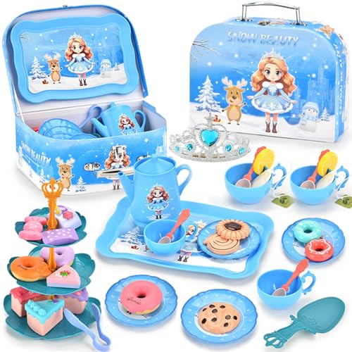 JONEG Tea Party Set for 3-8 Year Old Kids: Princess Tea Set for Girls Party Pretend Play Toys, Gifts for 2 3 4 5 Year Old Toddlers Children Birthday, Kitchen Accessories Toys with Food Ice Cream Cake
