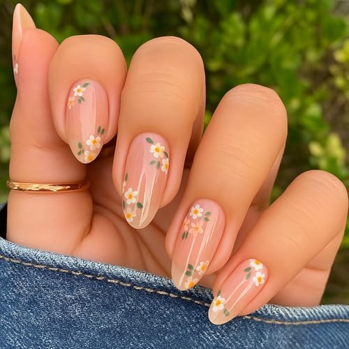 False Nails with Floral Designs Sheer Base Short Almond Shape - Dainty Artificial Press on Nails for Women 24Pcs Natural Spring Garden Style Stick on Transparent Pink Nude False Elegant Touch
