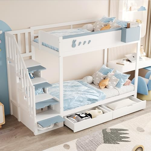 Kebnor Litera de 90 x 200 cm, cama alta con escalera de almacenamiento, compartimento de almacenamiento y cajones, cama doble estable de madera, incluye somier (blanco + azul)
