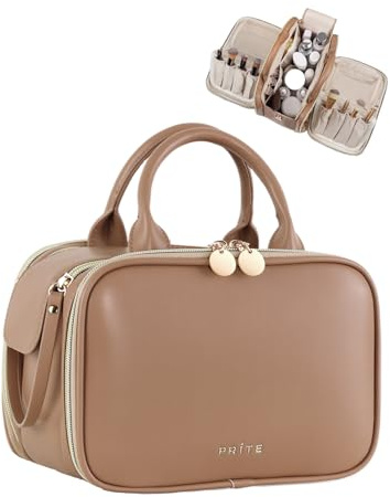 Prite Kosmetiktasche Damen Reise Make Up Tasche tragbare Schminktasche Leder wasserdichte Kulturtasche mit stehendem Pinselhalter und Tragegriff (Braun M)