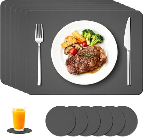 ZHITENG 6 Stück Tischsets Abwaschbar mit 6 Untersetzer rutschfest (Grau) | Doppelseitiges Tischset Leder Hitzebeständig Tischuntersetzer Platzdeckchen Lederoptik für Küchentisch und Restaurants