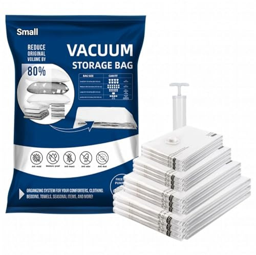 Vacuum Storage Bags, 6 Pack Clear Plastic Sizes S Space Saver Bags with Hand Pump, Reusable Rectangular Bags for Clothes Storage Sizes S