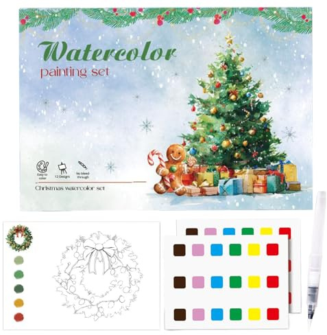 Fierudeng Wasserfarben Arbeitsbuch,Inklusive Einem Pinsel - Weihnachts Aquarell Arbeitsbuch Für Erwachsene - Für Jugendliche, Schüler, Männer, Zuhause, Reisen, Arbeit, Entspannung, Party sowie