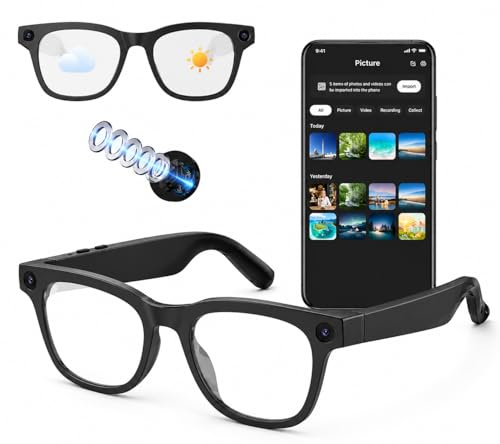 AI Brillen - Bluetooth Smart Glasses mit HD 8MP Kamera, 270mAh, 1200P Videoaufnahme, Bluetooth 5.4, Echtzeit-KI-Übersetzung & Objekterkennung, Blau licht, Zwei Mikrofone für Anrufe, Aufnahmen