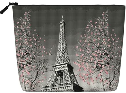 Paris Eiffel Tower Zippered Cosmetic Bag Large Capacity, Fake Hemp Travel Pouch Daily Use Women's Organizer