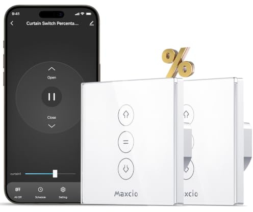 Maxcio WLAN Rolladenschalter für Smart Home mit Prozentfunktion | Kompatibel mit Alexa/Google Home, App-Timer für Jalousien, 86x86mm, Weiß 2Packs, 230V 10A, Nullleiter Erforderlich