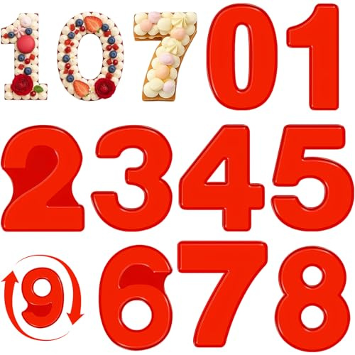 9 Pezzi Stampo Torta Numeri Silicone, 0-8 Stampi Torte Numeriche Grandi 10 Pollici, Stampi Dolci Pasticceria Digitale Numero DIY Riutilizzabile per Matrimonio Festa Compleanno Anniversari (Rosso)