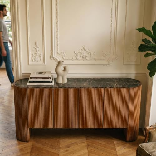 Sideboard TABORA 180 cm mit Emperador Marmorplatte, Dunkelbraun - Kommode aus massivem Mangoholz mit 4 Türen, Anrichte mit auffälliger Rillenoptik, modernes Design mit gerundeten Seiten und Ecken