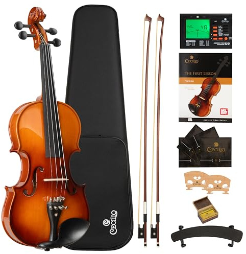 Cecilio 4/4 Violin Set Full Size Fiddle Solidwood Ebony Fitted LEFT-HANDED Violin with D'Addario Prelude Strings | Complete Set with Hard Case, Bows, Tuner, Rosin & Shoulder Rest