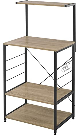 eSituro Küchenregal, Mikrowellenregal mit 4 Ablagen & 4 Haken, Bäckerregal aus Metall & Holz, Aufbewahrungsregal für Küche Café Wohnzimmer Badezimmer, 60 x 40 x 123 cm, Helle Eiche+Weiß