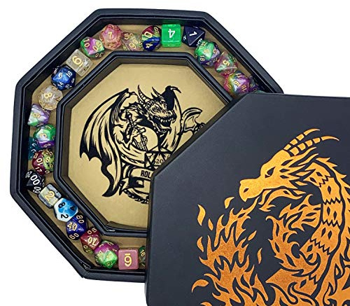 Fantasydice-Chromatic Dragon -with Roll or Die Artwork Dice Tray - 23CM Octagon with Lid and Dice Staging Area- Holds 5 Sets of Dice(7 / Standard) for All Tabletop RPGs Like D&D, Call of Cthulhu