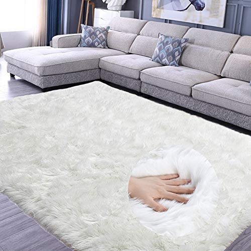 Junyito Teppich Wohnzimmer Hochflor Teppiche Kinderzimmer Flauschig rutschfest Faux Wolle für Schlafzimmer Mädchen Jungen (Weiß, 120 x 160cm)