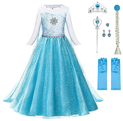 URAQT ELSA Prinsessdräkt För Tjejer, ELSA Barnklänning 6 Delar Set Med Krondiademhandskar Trollstav Etc. Till Jul Trollklänning Kostym Karneval Halloween