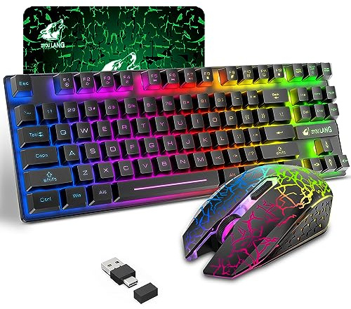 Wireless Gaming Keyboard and Mouse Combo with 87 Key Tenkeyless Rainbow LED Backlight Rechargeable 3800mAh Battery Anti-ghosting Ergonomic Waterproof RGB Mute Mice for Computer PC Gamer (Black)