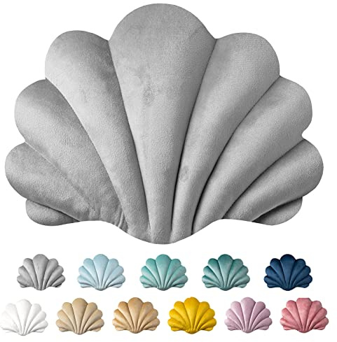 Ashler 3D Throw Pillows Shell Shaped Accent Throw Pillow, Soft Velvet Insert Included Cushion for Couch Bed Living Room, Pack of 1, Light Grey, 14 X 11 inches