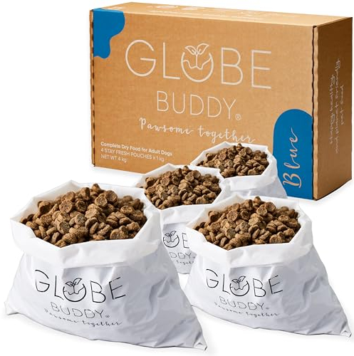 Globe Buddy Blue mit viel frischem Lachs | Nachhaltiges Hundefutter | Umweltfreundliche Verpackungen | Getreidefrei | Hohe Akzeptanz | 4 kg