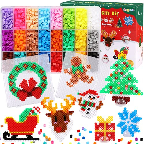 AUGSUN Christmas Fuse Beads Kit - 5100Pcs+ 24 Colors Crafting Melting Beads Set, 12 Styles Christmas Patterns 2Pcs 5mm Iron Pegboards for DIY Craft Making