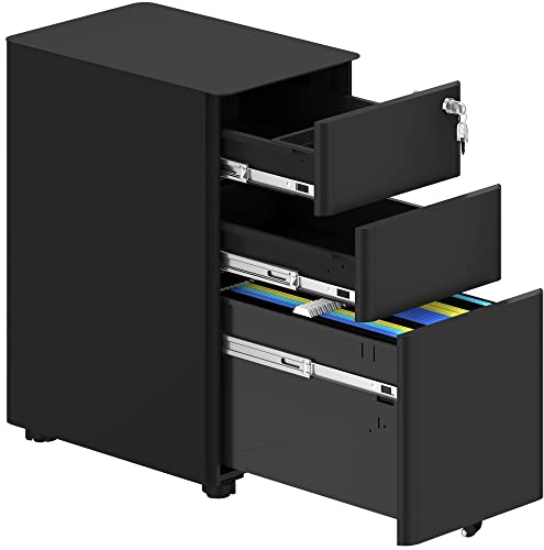 YITAHOME Rollcontainer mit 3 Schubladen, Metall Abschließbar Aktenschrank für A4, Legal, Letter, Mobiler Büroschrank mit Rollen für Home-Office, Hängeregistratur, 45 x 30 x 61cm, Schwarz