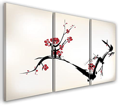 Feeby 3-teilig Vlies Leinwandbild 60x30 cm Kirschbaum Blühende Blumen Japan Wand Bild Kunstdruck Deko Wohnzimmer Wohnungs Deko Baumzweig Rote Blütenblätter Gemälde Beige