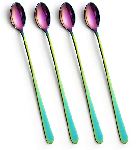 4 Stück Latte-Kaffeelöffel, 22.7 cm, Edelstahl, langer Griff, Rührlöffel, Rührlöffel, Kaffeelöffel, Dessertlöffel-Set für Eistee, Dessert, Cocktail(Regenbogenfarbe)