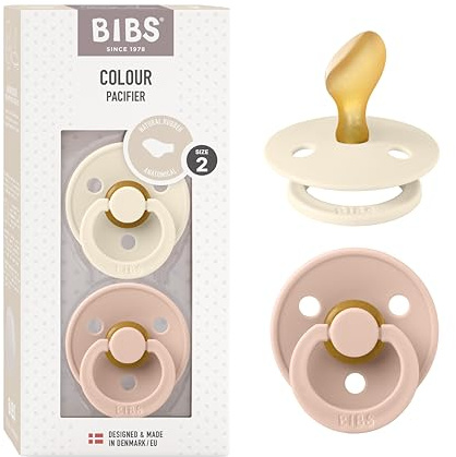 BIBS Colour Anatomical Soother 2-Pack, BPA Free Dummy Pacifier, Orthodontic Nipple. Natural Rubber Latex, Made in Denmark. 6-18 Months (Pack of 2), Ivory/Blush