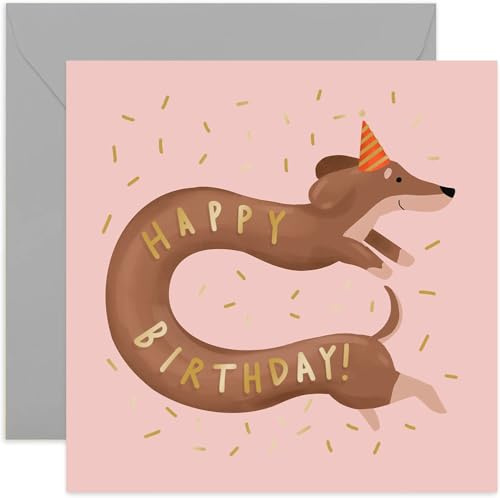 Old English Co. Happy Birthday Sausage Dog Konfetti-Karte – Goldfolien-Daschund-Grußkarte für Sie, Ihn, Sie | Feiern für Familie und Freunde | Innenseite blanko und Umschlag enthalten
